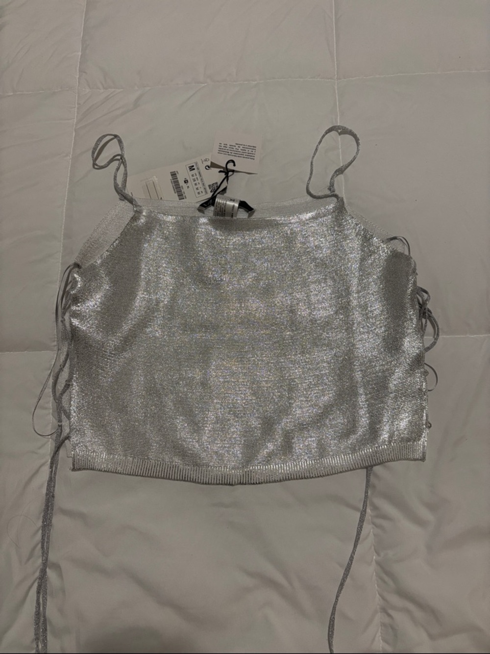Zara Silver Metallic Cami Top with Side Tie Details